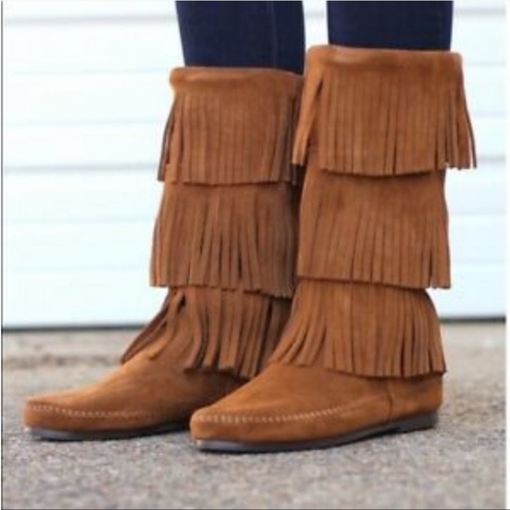 Minnetonka US 7 Fringe Suede Tan Boots brown caramel